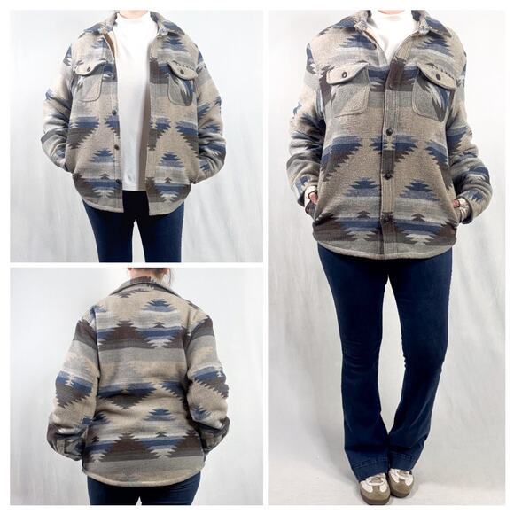 Southwestern Aztec Pattern Wool Blend Sherpa Shirt Jacket Shacket Sz Large - Picture 3 of 8